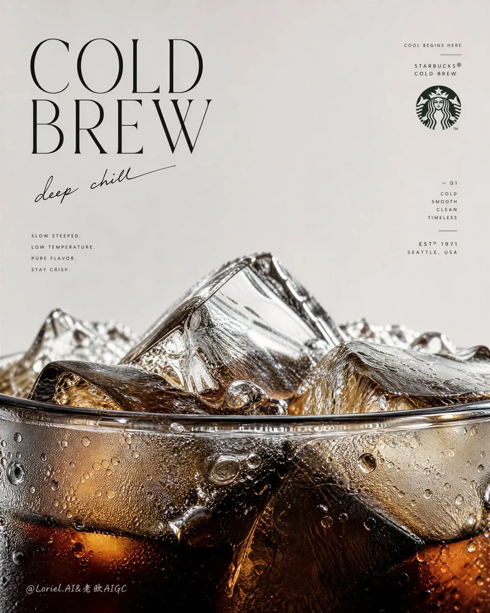 Create an ultra-premium vertical advertising poster for Starbucks Cold Brew, preserving the same minimalist e… - AI提示词参考图，来自西西提示词