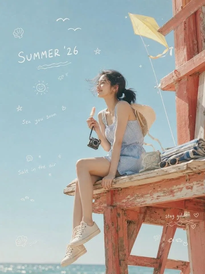 An ultra-realistic cinematic dreamy lifestyle photo celebrating SUMMER ’26, featuring a young Korean woman si… - AI提示词参考图，来自西西提示词