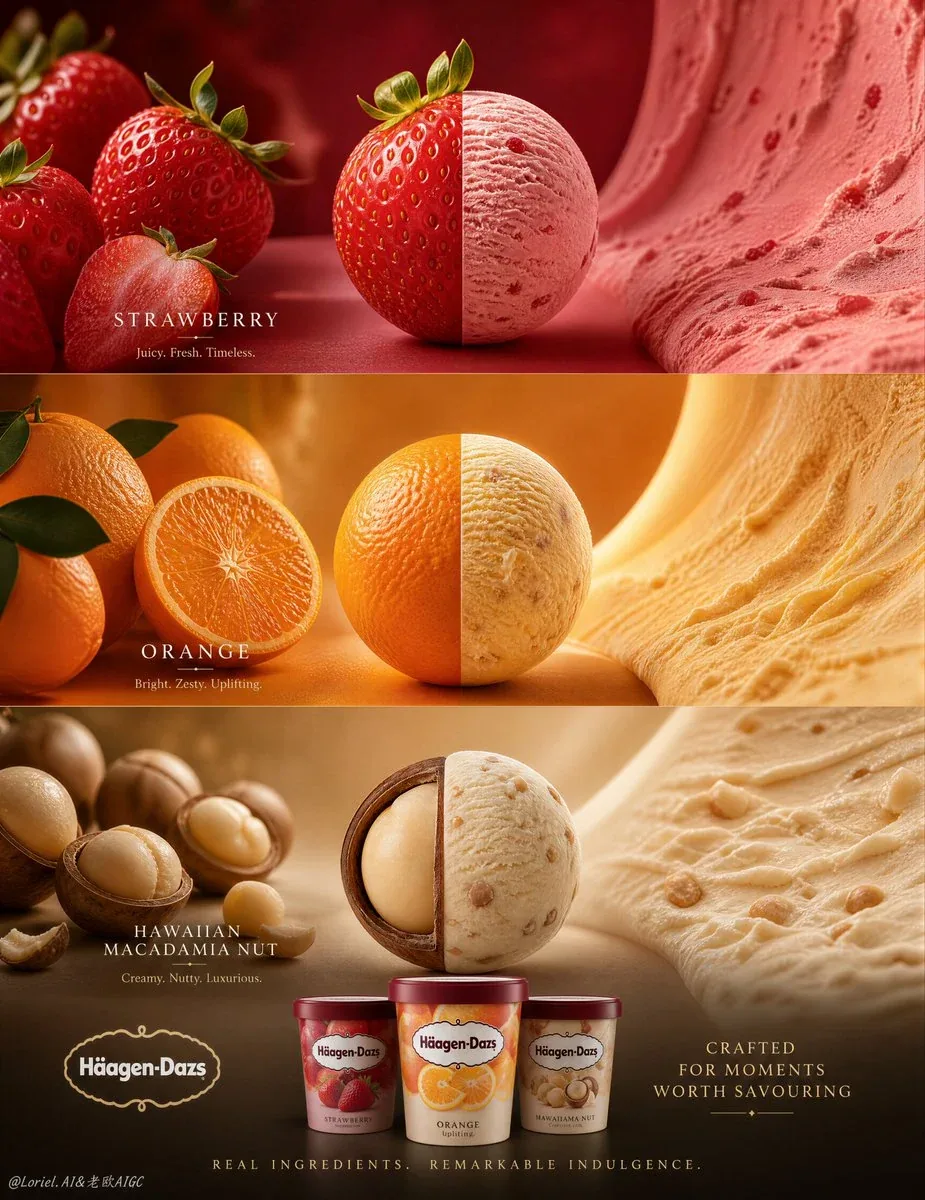 Create an ultra-premium vertical Häagen-Dazs flagship flavor campaign poster, preserving the same clean three… - AI提示词参考图，来自西西提示词
