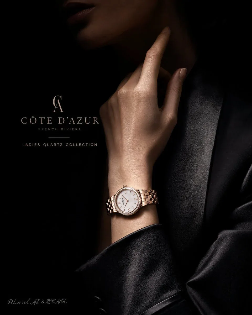 Create an ultra-premium vertical luxury watch advertising poster for Côte d’Azur women’s quartz watch, preser… - AI提示词参考图，来自西西提示词