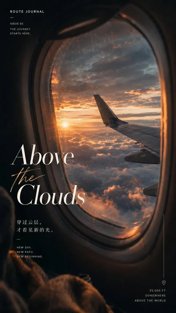 请生成一张「旅途窗口叙事海报」。 【可替换内容】 交通工具：[交通工具] 窗外场景：[窗外场景] 主题情绪：[主题情绪] 主标题：[主标题] 辅助短句：[辅助短句] 主色调：[主色调] 画面比例：9:16 采用真实乘客… - AI提示词参考图，来自西西提示词