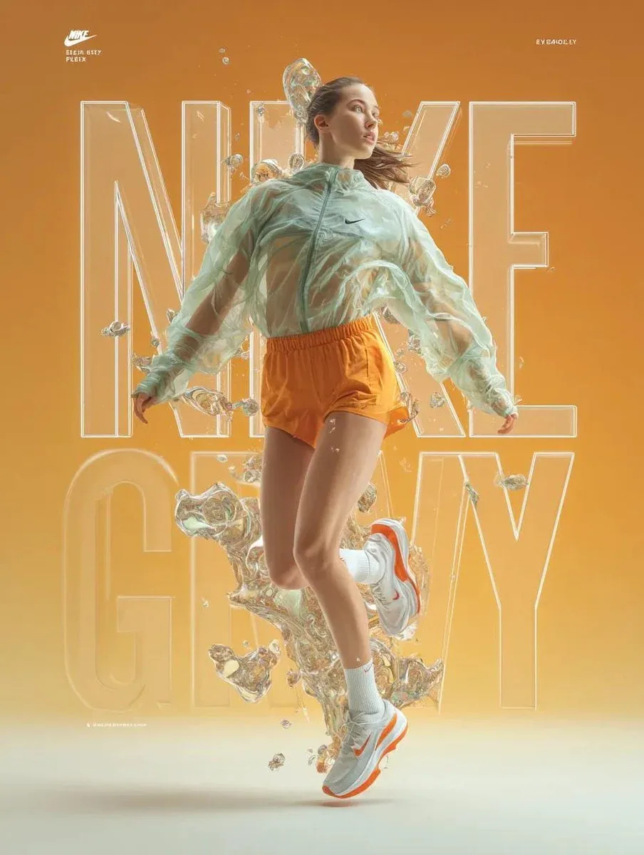 A dynamic fashion advertisement for Nike showing a hyper-realistic model mid-twist jump, light trails followi… - AI提示词参考图，来自西西提示词