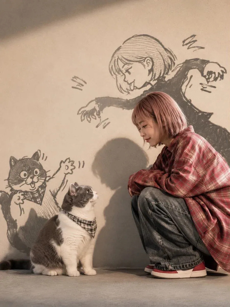A warm, cinematic lifestyle portrait of a young woman and her chubby gray-and-white British Shorthair cat sta… - AI提示词参考图，来自西西提示词