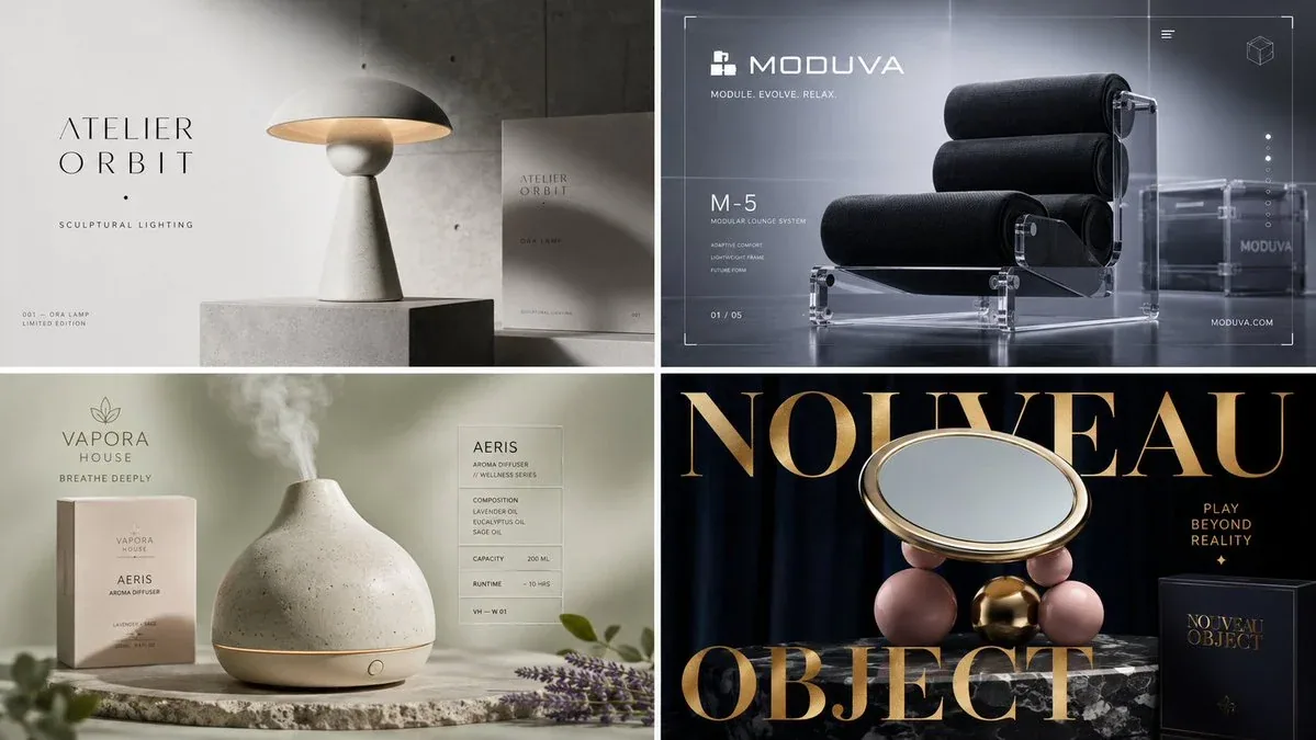 2x2 grid, 16:9, do this for 4 avant garde home brand:: premium luxury advertising campaign for [Product]::5 H… - AI提示词参考图，来自西西提示词