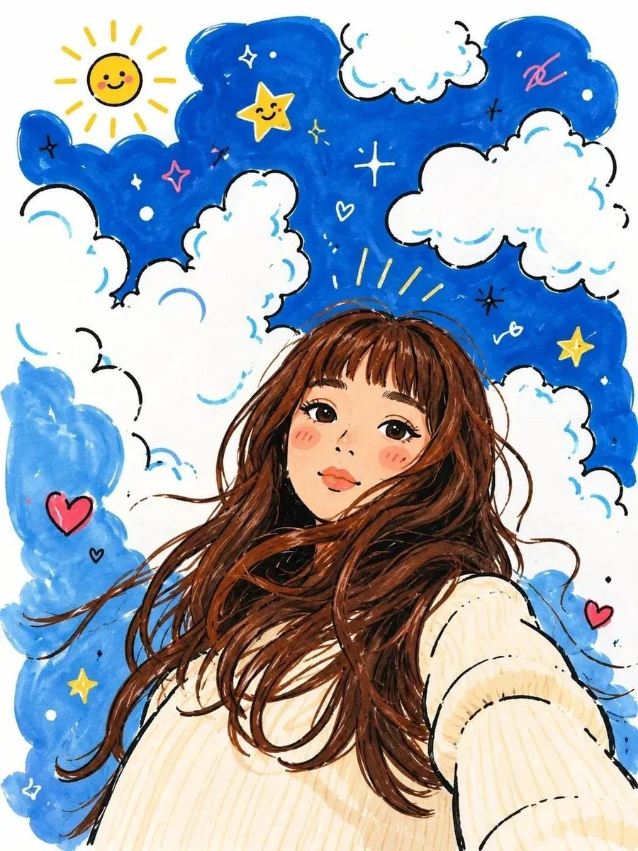 Dreamy low-angle selfie portrait of a young woman with long flowing chestnut-brown hair and soft wispy bangs,… - AI提示词参考图，来自西西提示词