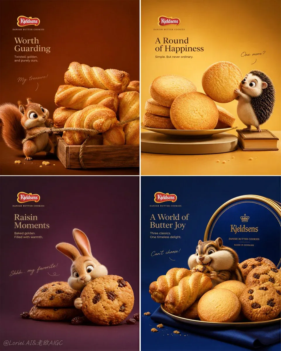 Create an ultra-premium commercial poster for Kjeldsens Danish Butter Cookies in a strict 2x2 four-panel layo… - AI提示词参考图，来自西西提示词