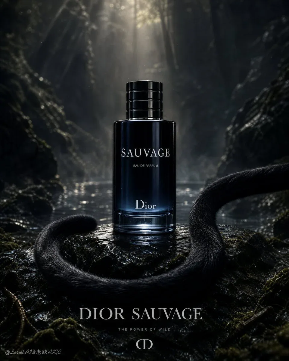 Create an ultra-premium fragrance advertising poster for Dior Sauvage, built around one hyper-real perfume bo… - AI提示词参考图，来自西西提示词