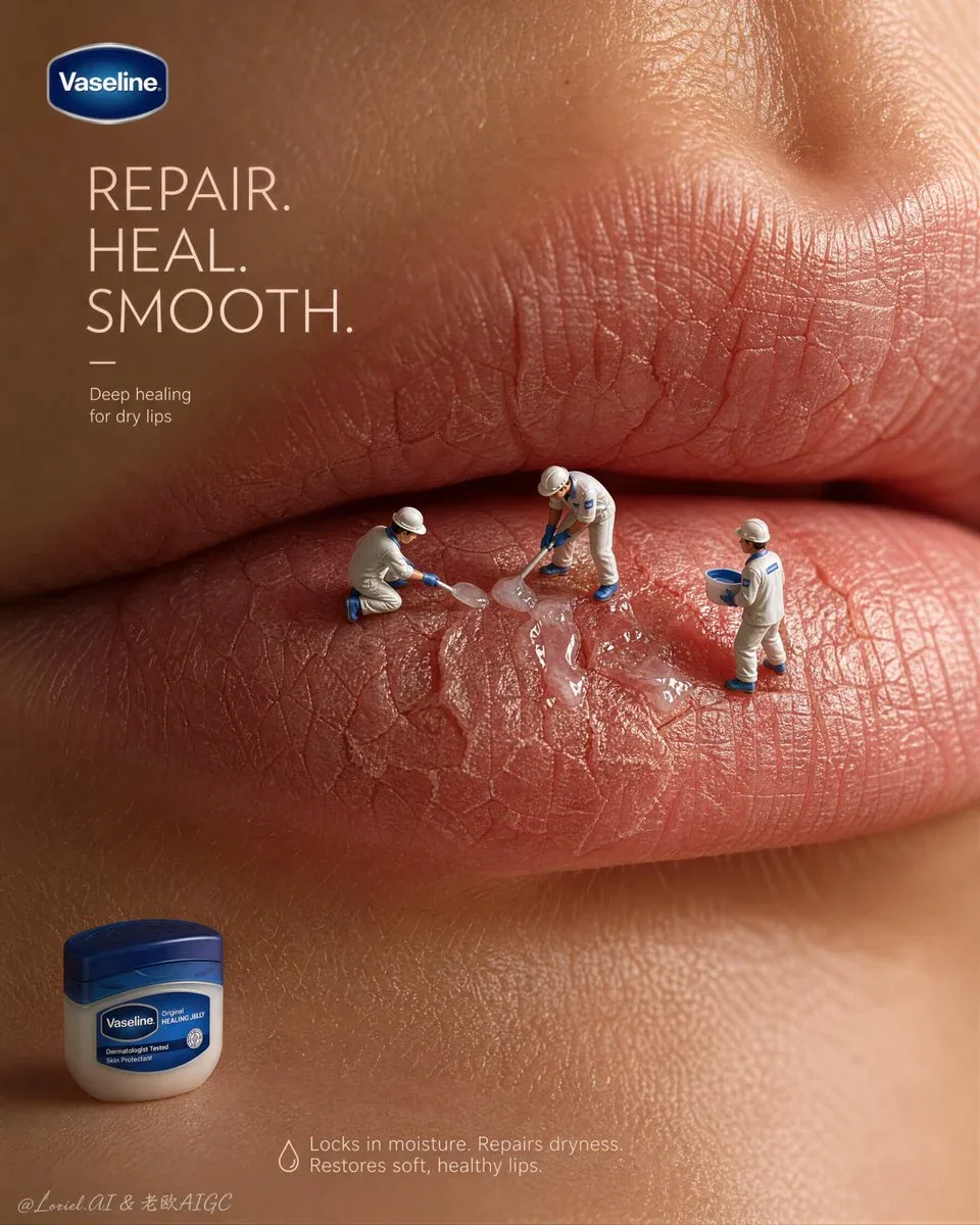 Create an ultra-premium skincare advertising poster for Vaseline, built around an extreme macro close-up of s… - AI提示词参考图，来自西西提示词