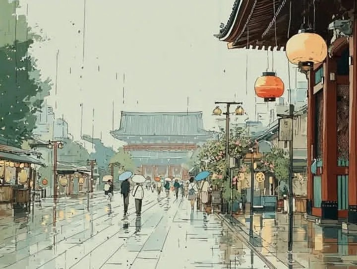 A serene rainy day in a traditional Japanese town, with a temple street leading toward a distant multi-tiered… - AI提示词参考图，来自西西提示词