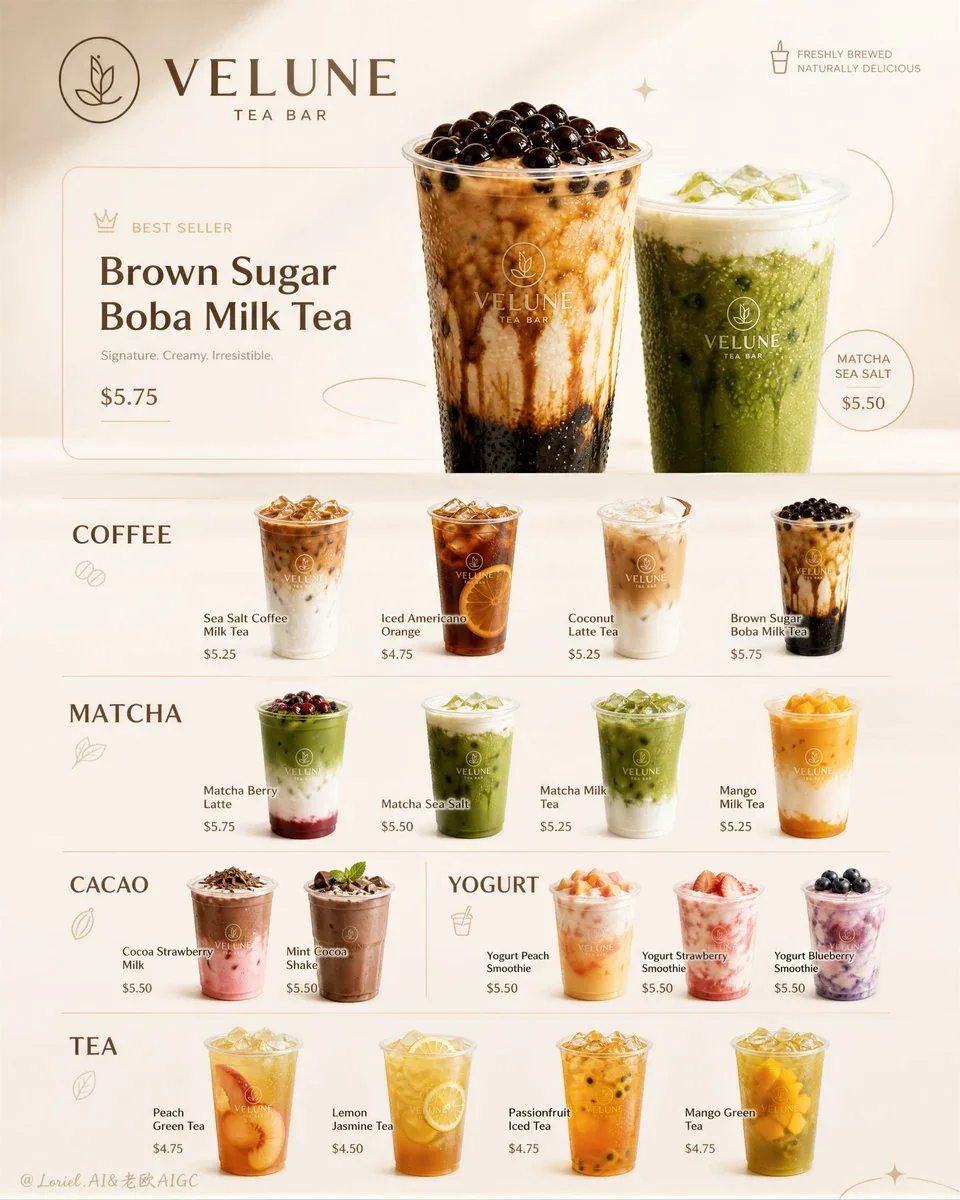 Create an ultra-premium ice cream campaign menu poster for a self-created modern dessert brand called “VELUNE… - AI提示词参考图，来自西西提示词