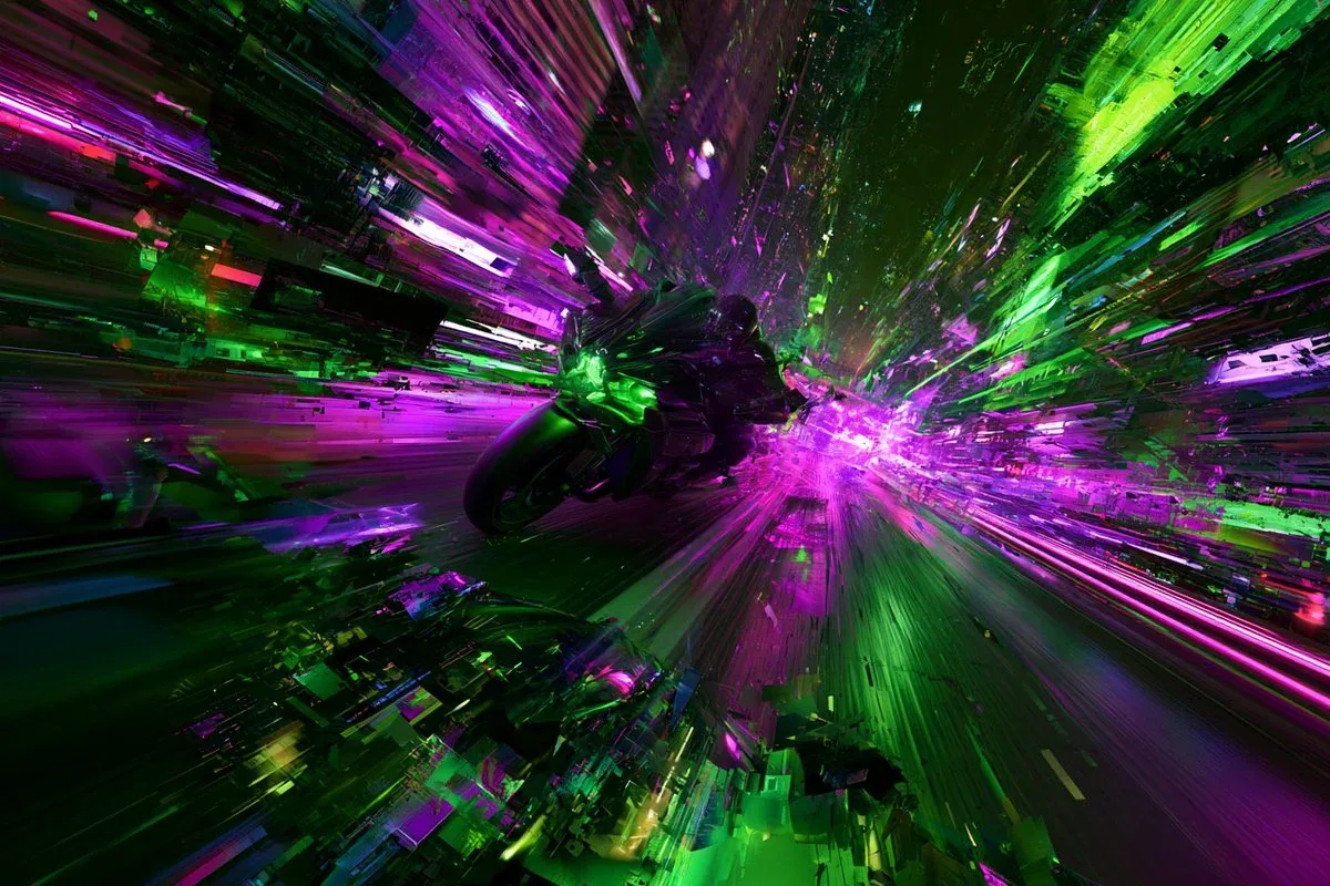 A Neon Noir Kaleidoscope representation of [Subject], with fragmented, neon-lit scenes and a sense of dynamic… - AI提示词参考图，来自西西提示词