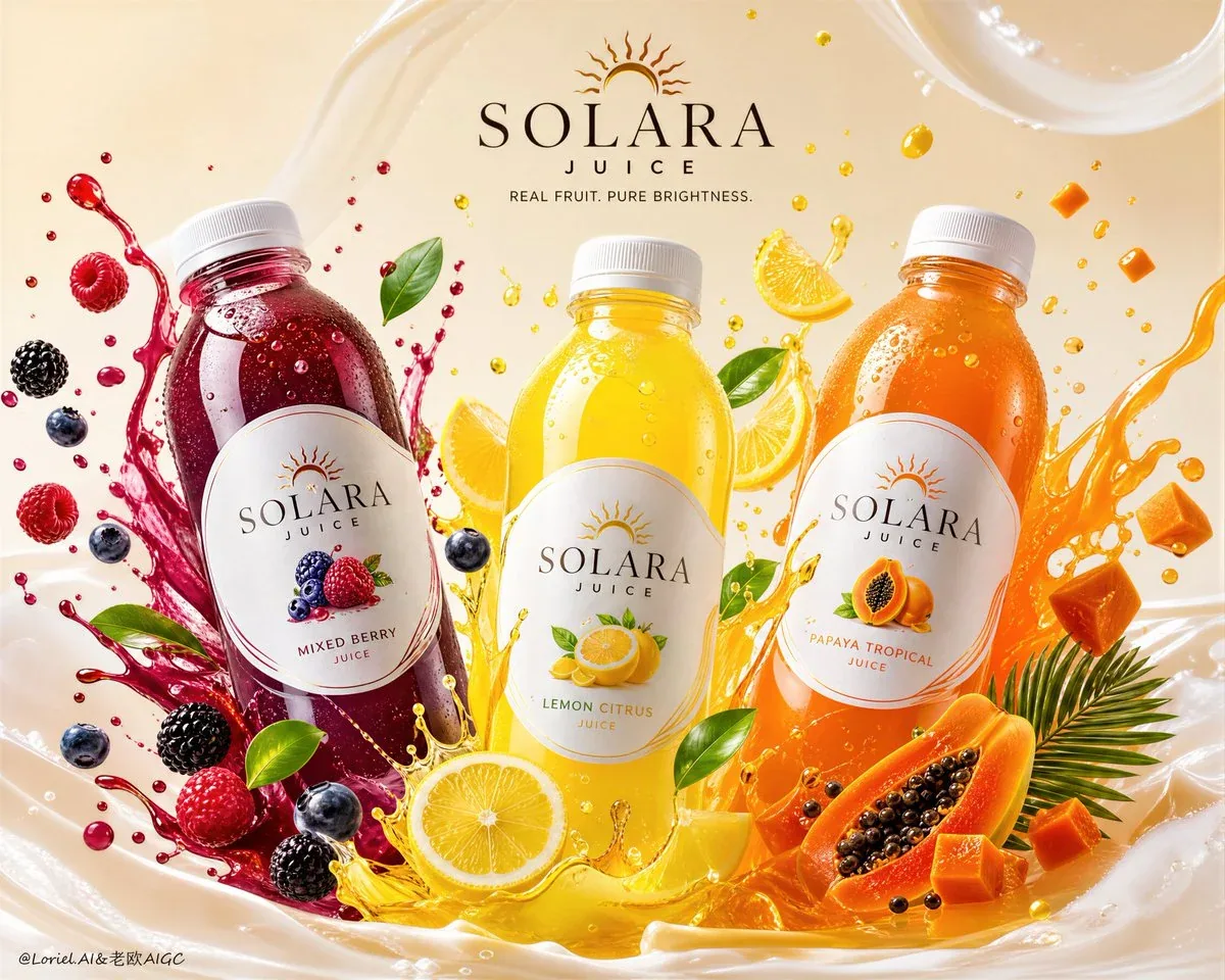 Create an ultra-premium juice beverage campaign poster for a self-created brand called “SOLARA JUICE”. The fi… - AI提示词参考图，来自西西提示词