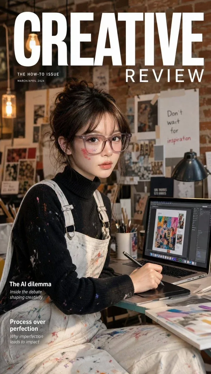 Ultra-realistic creative industry magazine cover featuring a talented Korean woman in paint-splattered white … - AI提示词参考图，来自西西提示词
