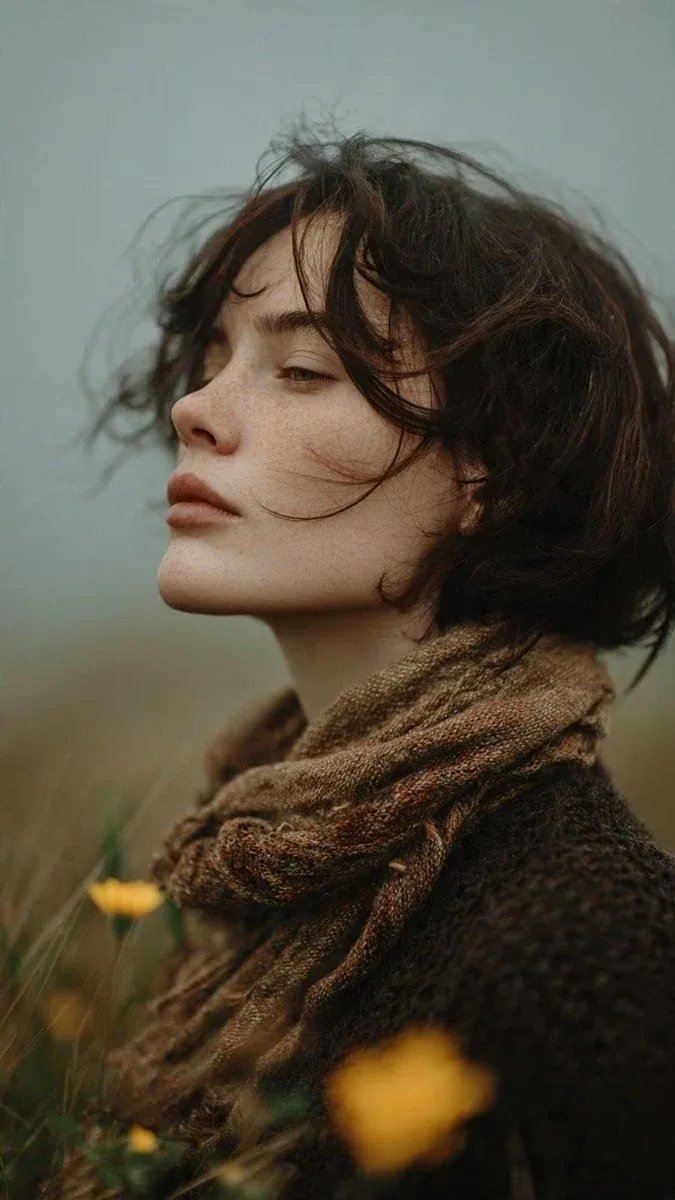 Prompt 1 – Windy Meadow Portrait Ultra-realistic cinematic fine-art portrait of a young woman with short tous… - AI提示词参考图，来自西西提示词