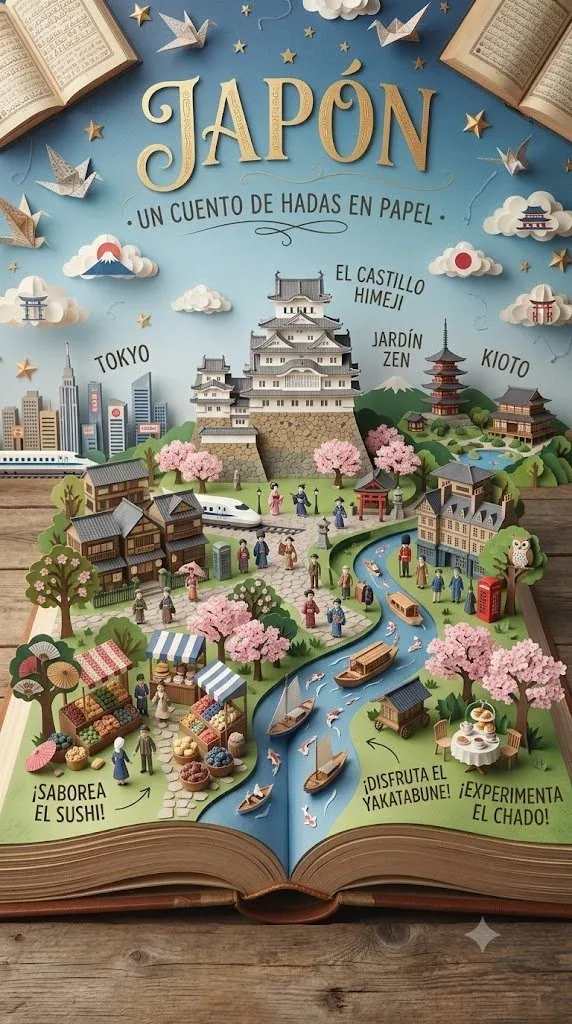 Create a [Theme Country Concept]-themed 3D pop-up papercraft storybook diorama displayed on a rustic wooden t… - AI提示词参考图，来自西西提示词