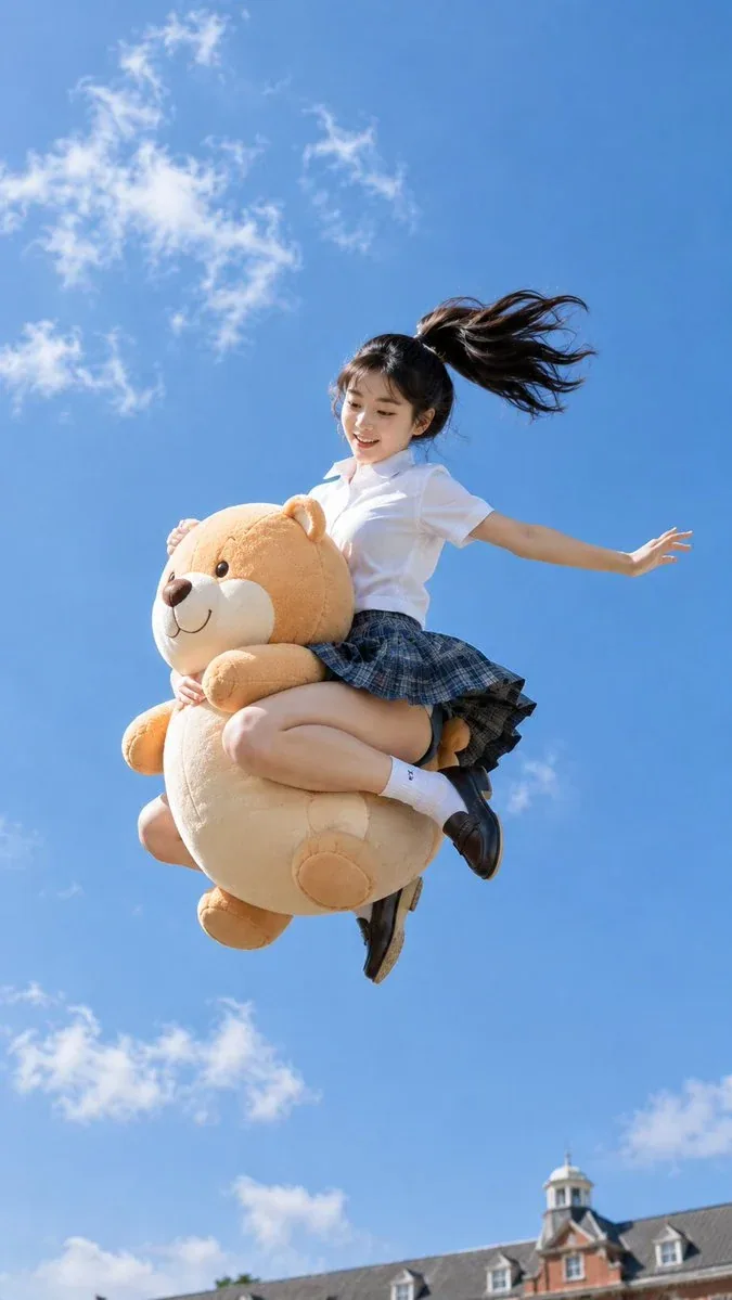 Create a 9:16 realistic outdoor photo of a 20-year-old East Asian female college student jumping high above t… - AI提示词参考图，来自西西提示词