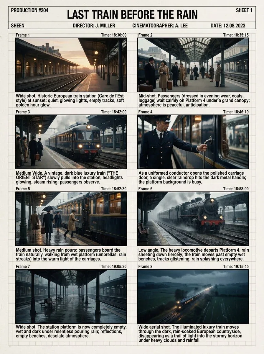 Create a premium Hollywood production storyboard sheet with 8 cinematic frames. TITLE: LAST TRAIN BEFORE THE … - AI提示词参考图，来自西西提示词