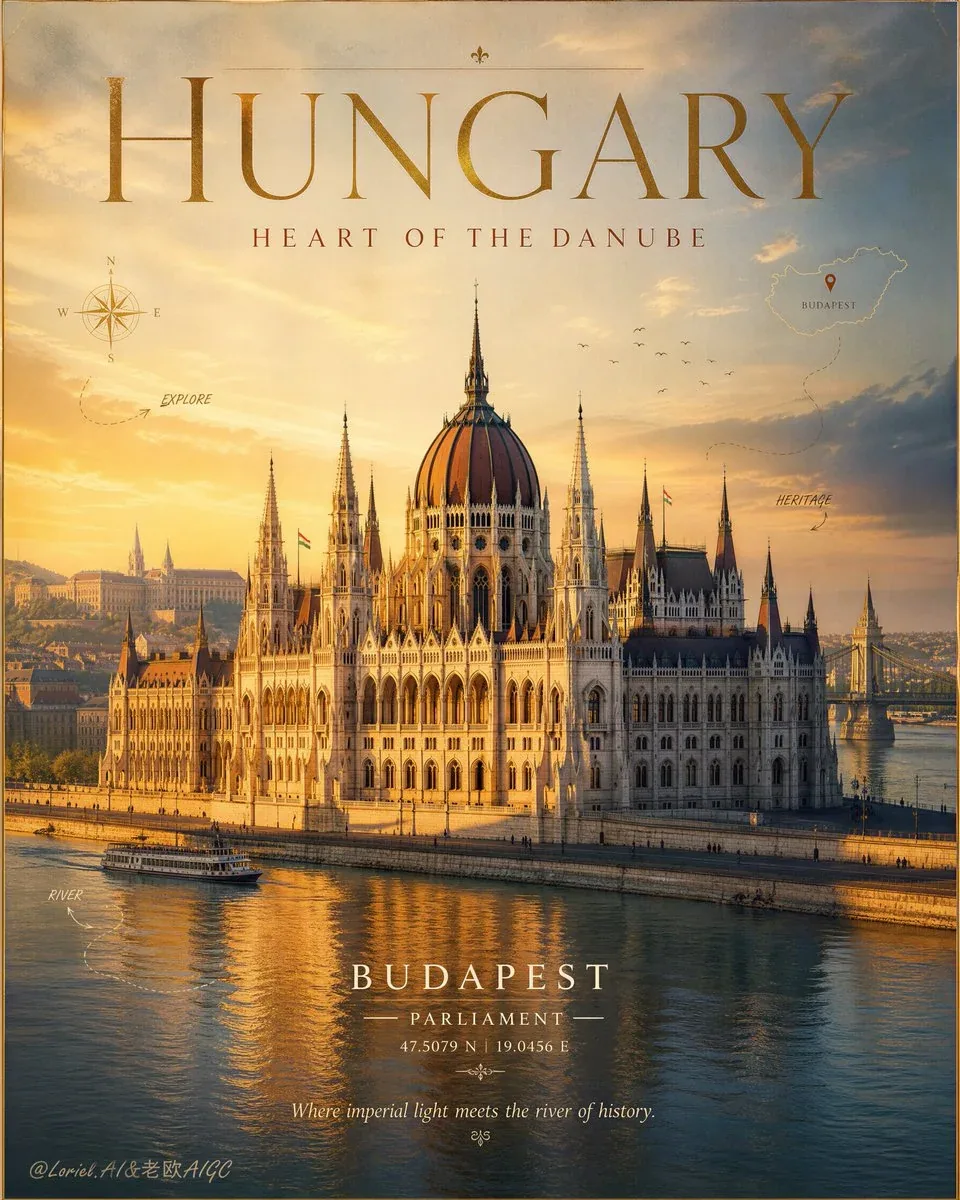 Create an ultra-premium illustrated-realism travel poster for Hungary, merging extreme material refinement wi… - AI提示词参考图，来自西西提示词