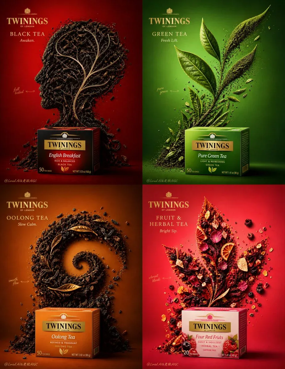 Create an ultra-premium 4-panel commercial poster for Twinings, featuring four real tea products: black tea, … - AI提示词参考图，来自西西提示词