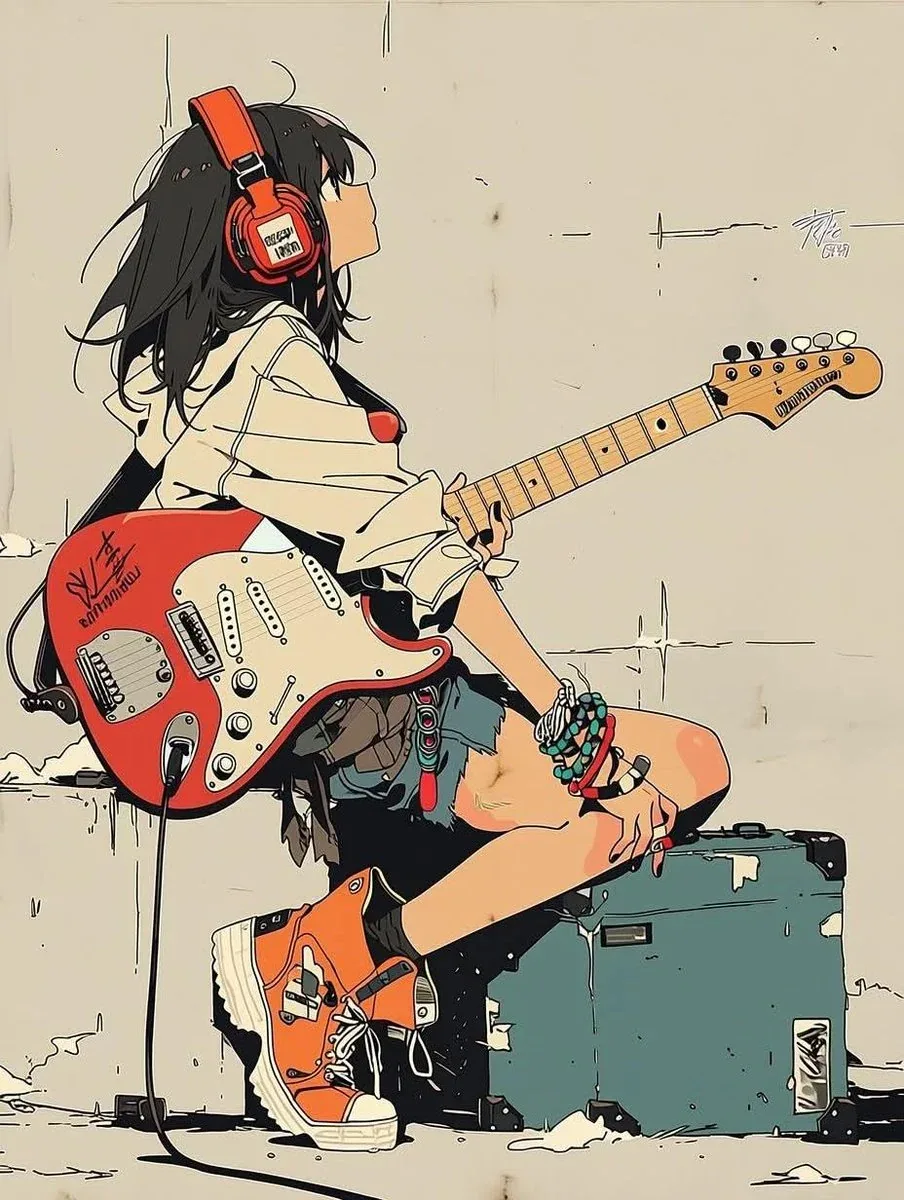 Minimalist anime illustration of a stylish teenage girl sitting on a vintage guitar amplifier, playing a cora… - AI提示词参考图，来自西西提示词