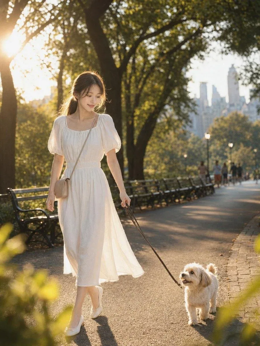 Create a poetic cinematic golden-hour urban travel portrait of the same elegant Korean woman and the same sma… - AI提示词参考图，来自西西提示词