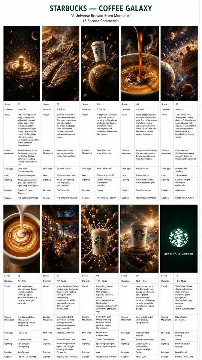 Create a 15-secondultra-photorealistic Hollywood commercial titled "STARBUCKS — COFFEE GALAXY" with the subti… - AI提示词参考图，来自西西提示词