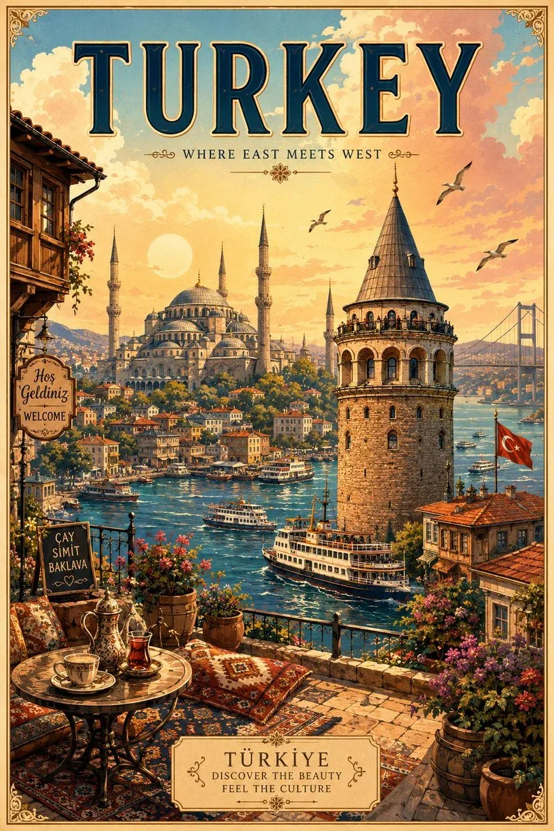 vintage illustrated travel poster Create a charming vertical illustrated travel poster for [Destination], ins… - AI提示词参考图，来自西西提示词