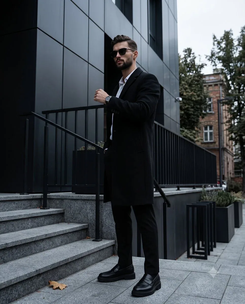 A full-length portrait captures a male model with dark hair and a well-groomed beard, striking a confident, g… - AI提示词参考图，来自西西提示词
