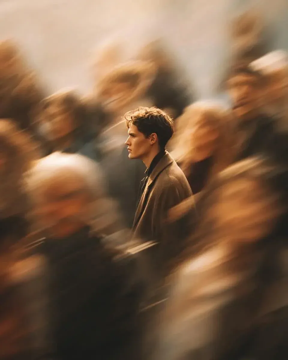 A cinematic street portrait of a solitary young man standing perfectly still in the middle of a fast-moving c… - AI提示词参考图，来自西西提示词