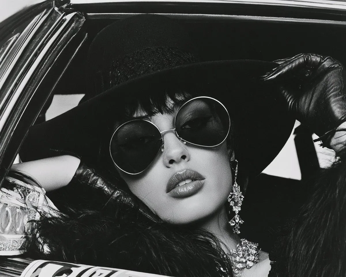 elegant woman sitting inside a classic luxury car, oversized wide-brimmed hat, round dark sunglasses, leather… - AI提示词参考图，来自西西提示词