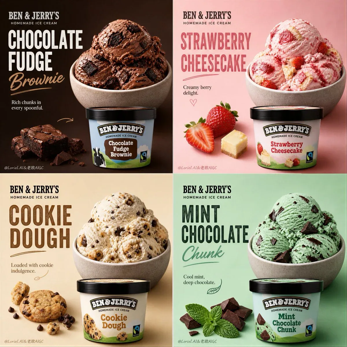 Create an ultra-premium 4-panel promotional poster for Ben & Jerry's Homemade Ice Cream, merging extreme scoo… - AI提示词参考图，来自西西提示词