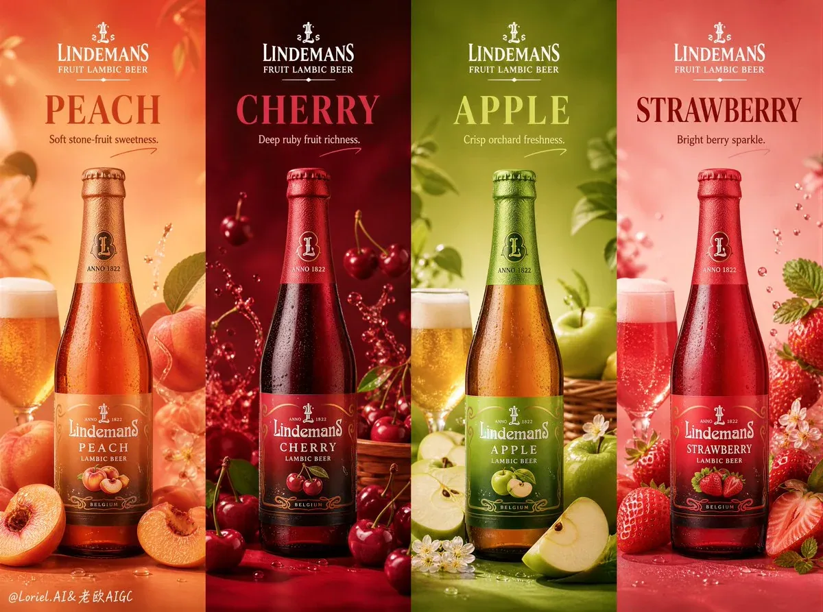 Create an ultra-premium horizontal 4-panel promotional poster for Lindemans Fruit Lambic Beer, merging extrem… - AI提示词参考图，来自西西提示词
