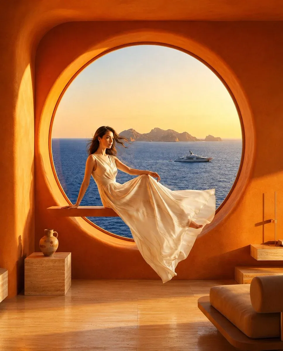 Ultra-realistic futuristic luxury villa suspended above the ocean, enormous floating circular moon window car… - AI提示词参考图，来自西西提示词