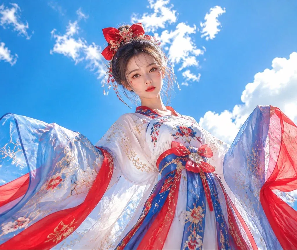 新中式汉服少女写真，童话公主风格，东方幻想角色设计。 年轻女性角色，白皙皮肤，大眼妆，红色唇妆，高盘发，红色蝴蝶结与花朵发饰。 穿蓝白红配色改良汉服，大袖设计，轻纱裙摆，刺绣纹样，公主感造型。 低机位仰拍，半身英雄构图… - AI提示词参考图，来自西西提示词