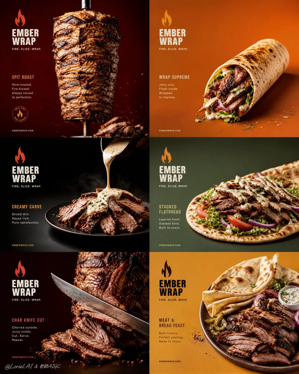 Create an ultra-premium 2x3 six-panel commercial poster for a fictional grilled-meat brand called EMBER WRAP,… - AI提示词参考图，来自西西提示词