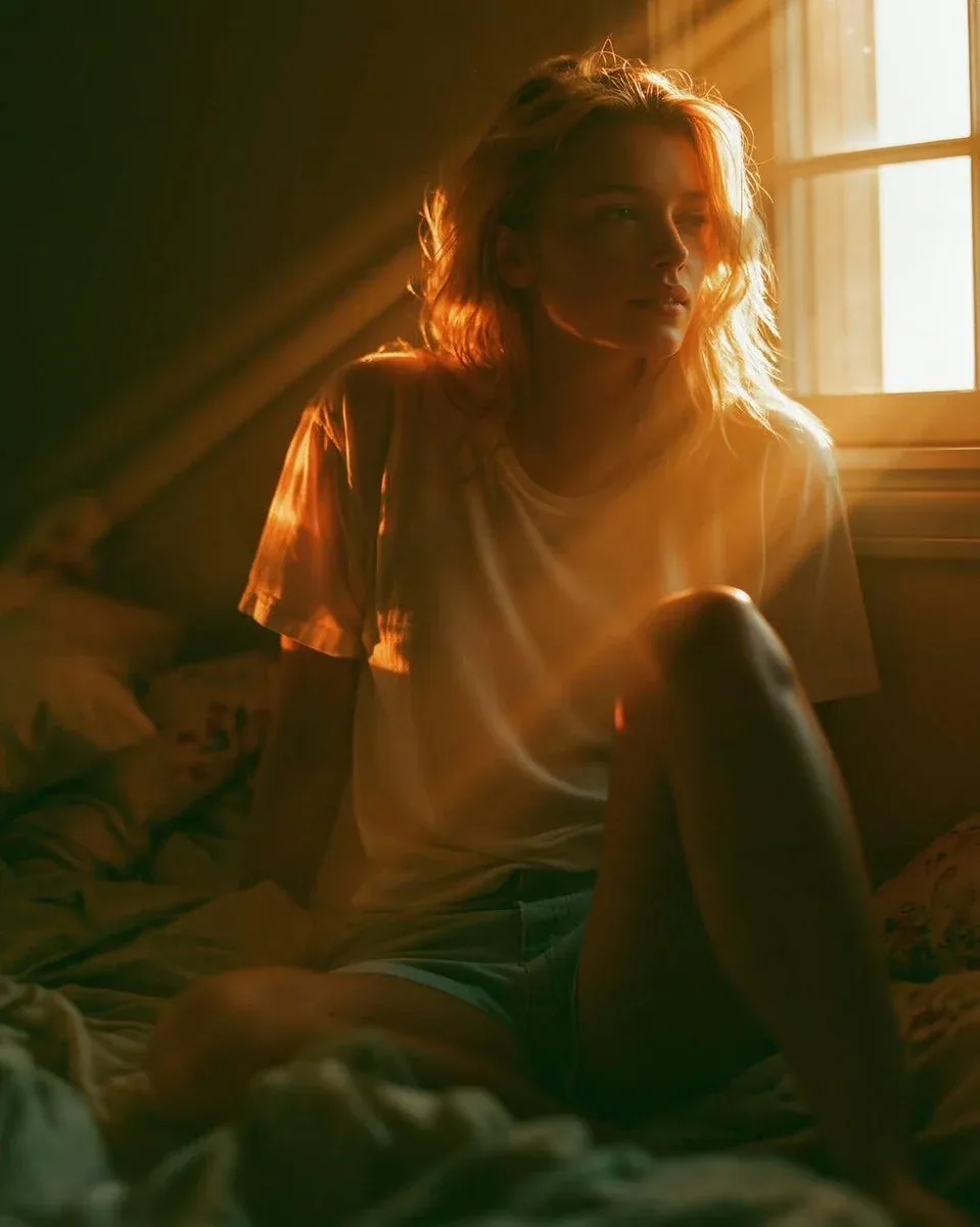 Photorealistic bedroom scene in warm late-afternoon sunlight, a naturally beautiful young woman sitting on a … - AI提示词参考图，来自西西提示词