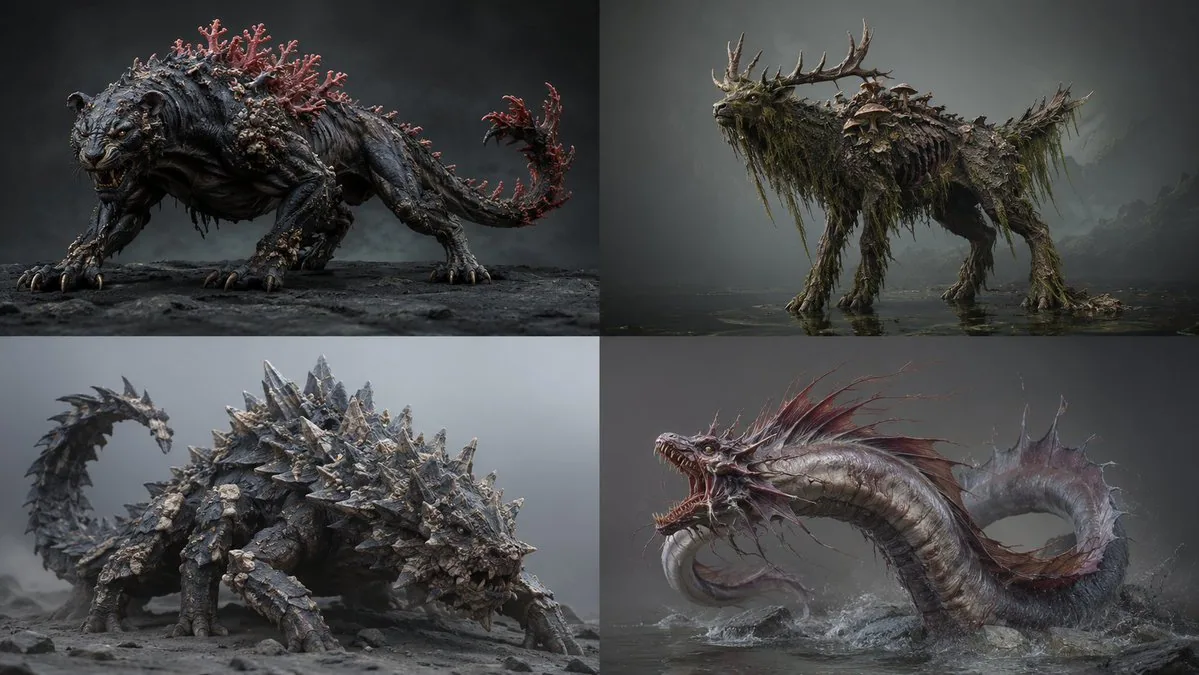 2x2 grid, 16:9 ai infers<role>lead creature concept artist for a aaa bestiary. anatomy must look evolved, nev… - AI提示词参考图，来自西西提示词