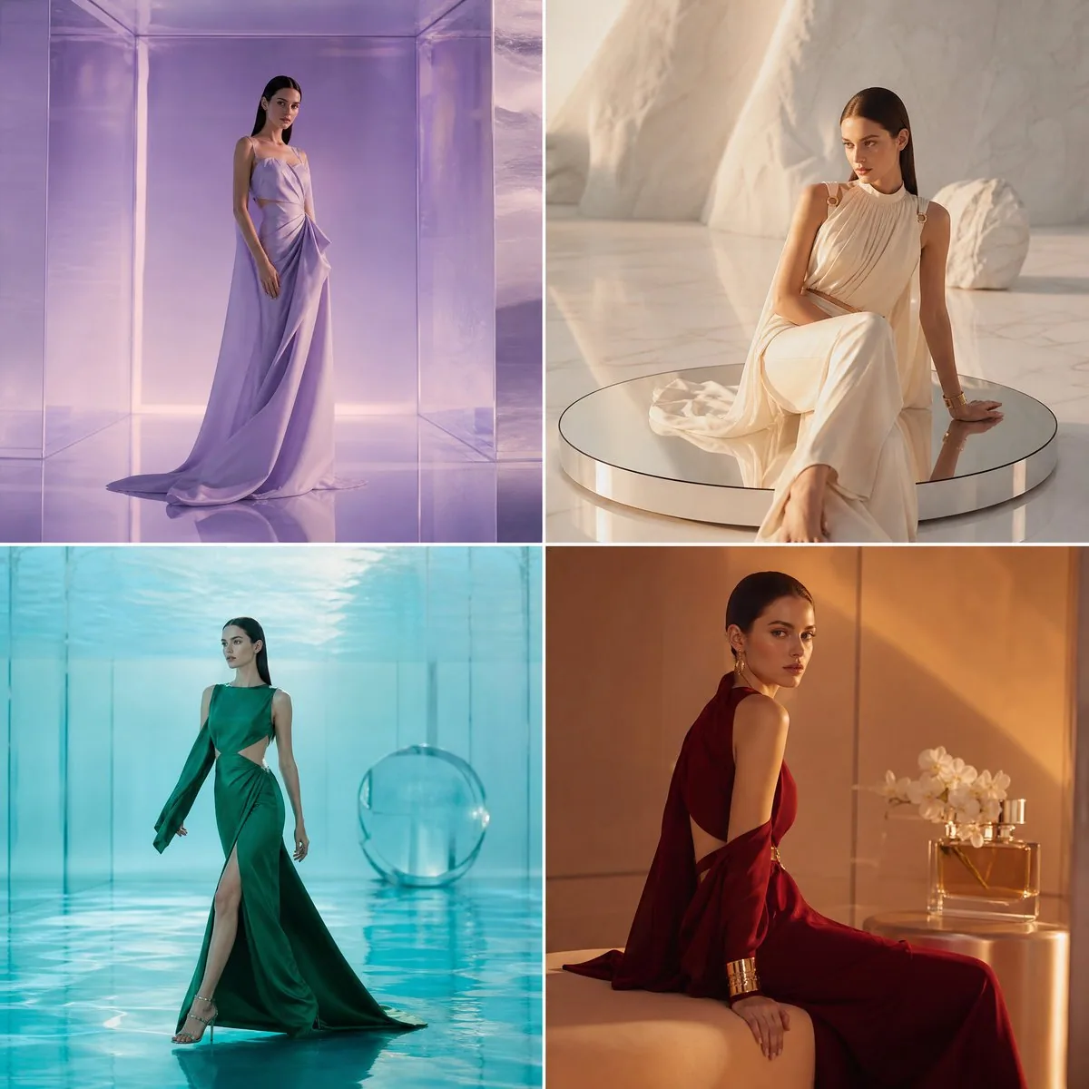 2x2 grid collage of four unique ultra-realistic luxury fashion editorial photographs. Same female model in fo… - AI提示词参考图，来自西西提示词