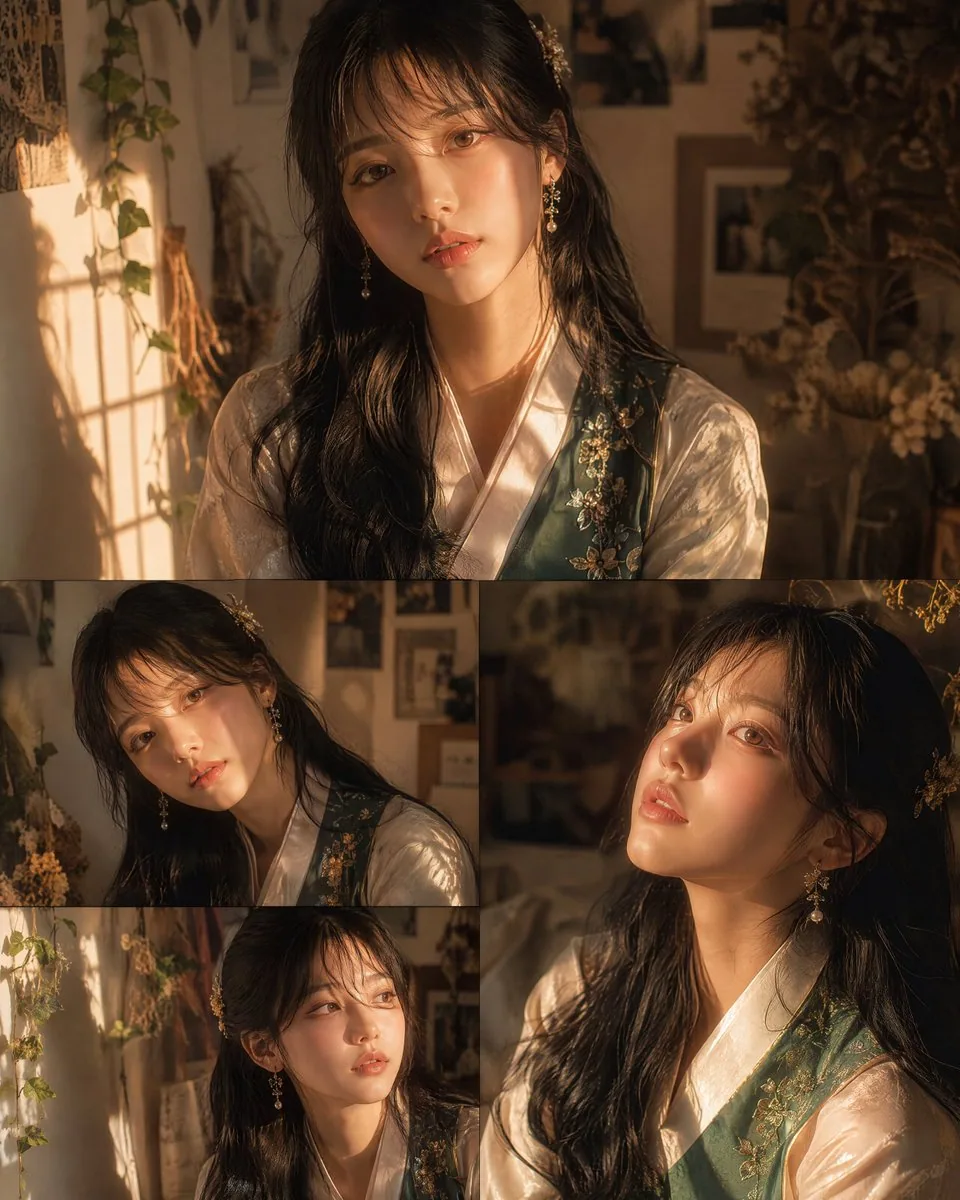 A stunning close-up portrait collage of a young Korean woman with long flowing black hair, wearing an elegant… - AI提示词参考图，来自西西提示词