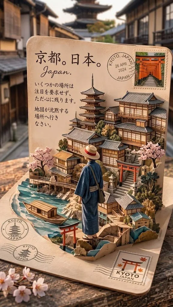 A highly detailed 3D pop-up postcard diorama of Kyoto, Japan, featuring layered papercraft traditional houses… - AI提示词参考图，来自西西提示词