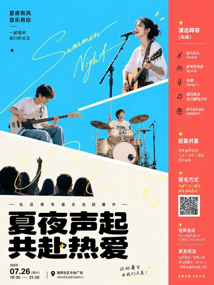 围绕[主题对象]，采用明亮洁净的演出式图文海报处理：画面以大面积高明度纯色平场建立第一眼冲击，主题派生的主色承担主要开放背景，辅助色以更深或更暖的饱和色压在一侧形成窄竖栏或底部承重块，浅亮色作为前景台面，深近黑用于核心… - AI提示词参考图，来自西西提示词
