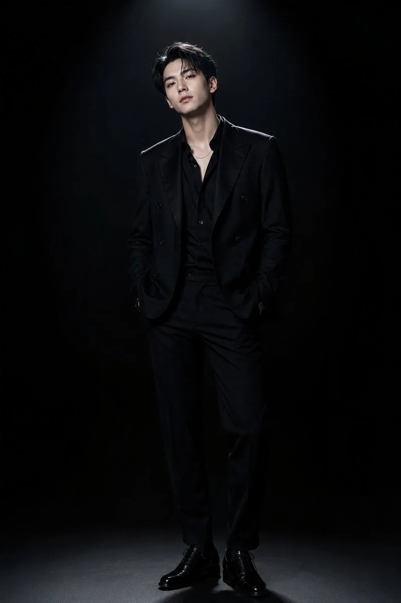 An ultra-realistic high-fashion studio photoshoot of a handsome young Korean man in his early 20s, confidentl… - AI提示词参考图，来自西西提示词