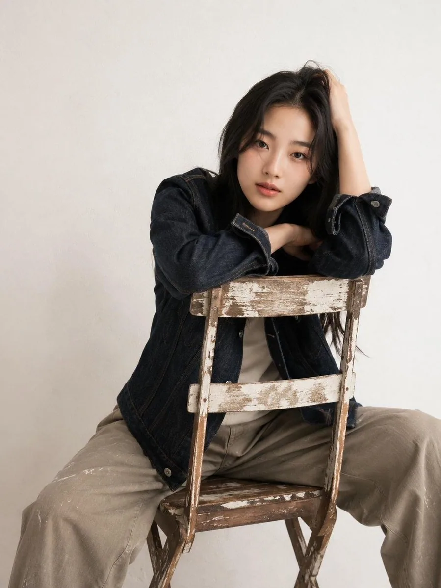Create a restrained studio fashion portrait with an exact vertical aspect ratio of 736:981 in a full-body ver… - AI提示词参考图，来自西西提示词