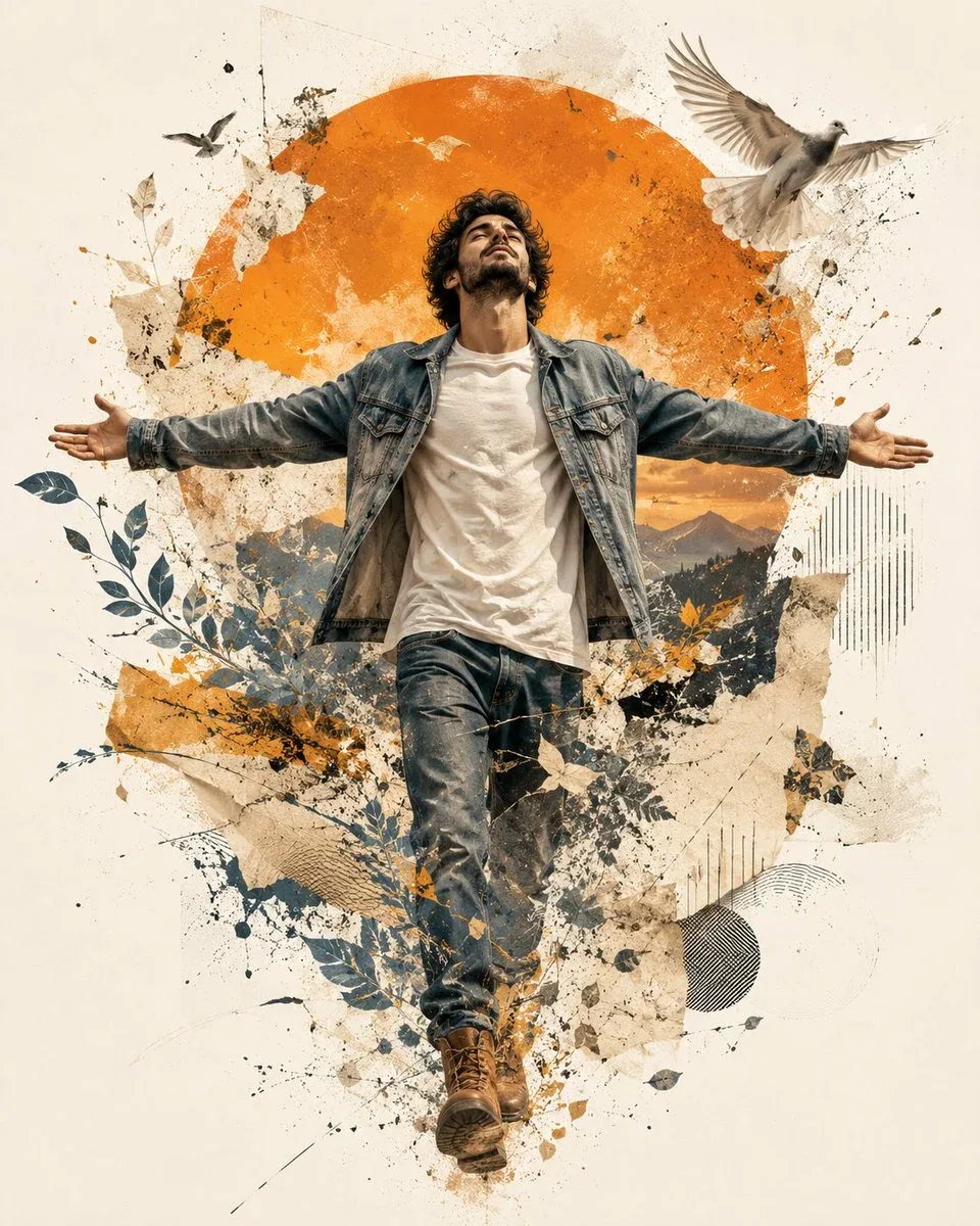 A premium contemporary mixed-media editorial illustration featuring a young man confidently walking forward w… - AI提示词参考图，来自西西提示词