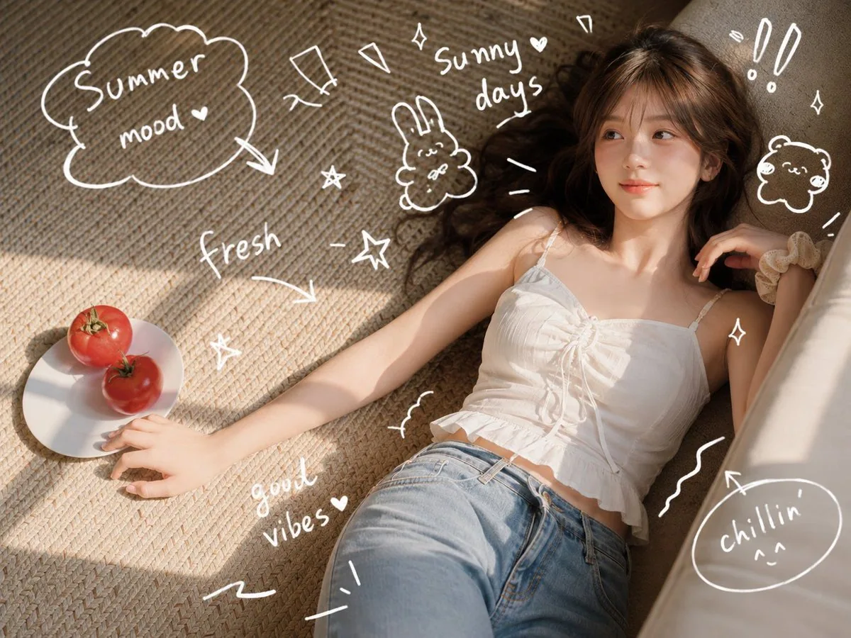 以参考人物为主体，生成一组夏日居家写真。人物是一位 20多岁的成年东亚女性，长棕黑色自然卷发，轻薄空气刘海，五官清秀可爱，皮肤保留真实细腻纹理，淡妆、自然腮红、清透唇色，眼神灵动，表情俏皮但不夸张。 人物穿着 白色细肩… - AI提示词参考图，来自西西提示词