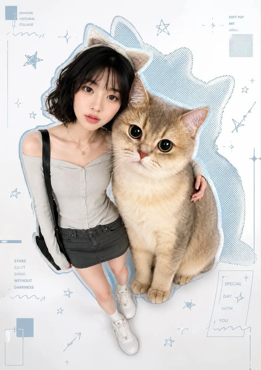 A fashion editorial collage photo in a Y2K 'soft pop art' aesthetic, featuring an Asian model posing playfull… - AI提示词参考图，来自西西提示词