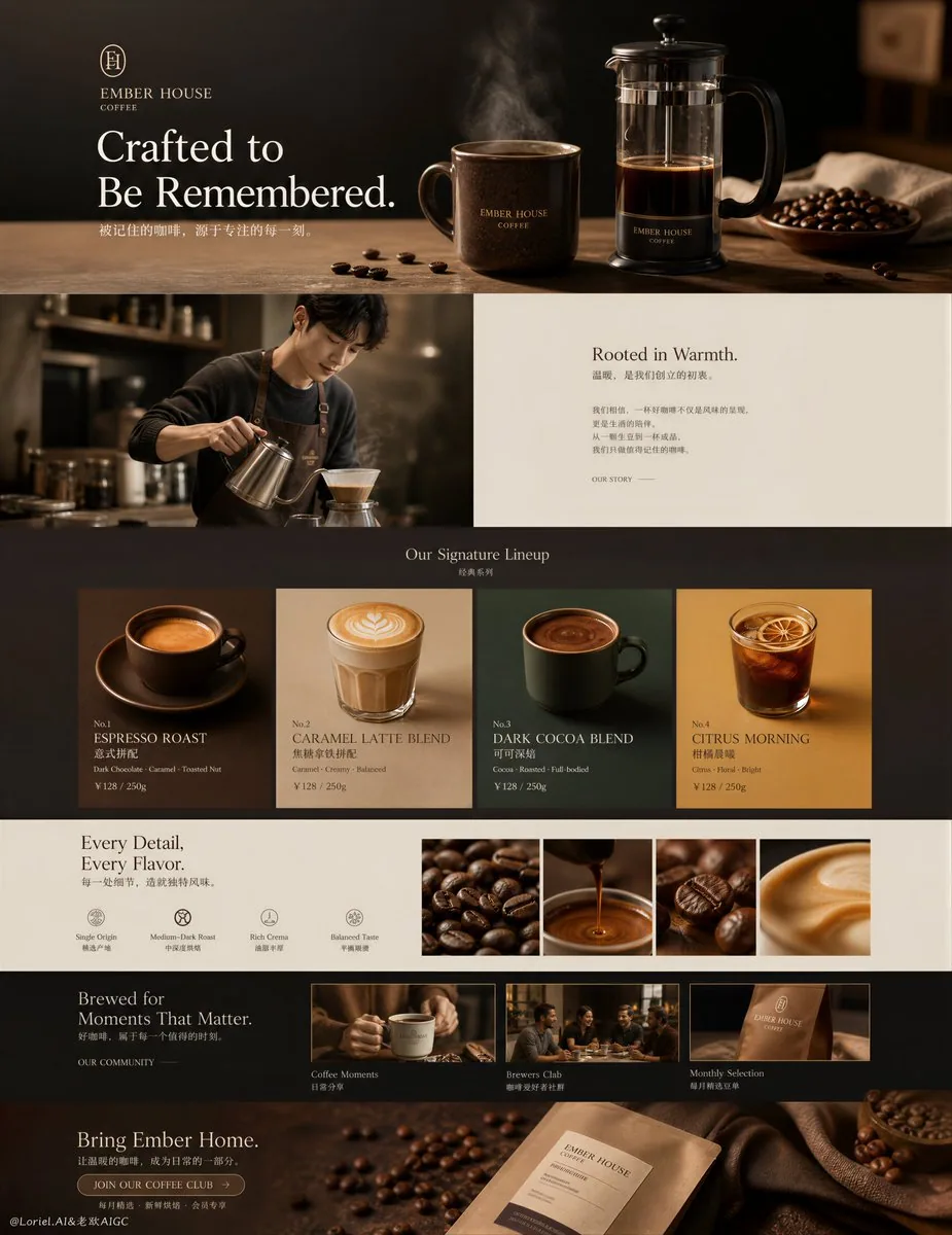 Create an ultra-premium long-form e-commerce landing page poster for a self-invented coffee brand company, me… - AI提示词参考图，来自西西提示词