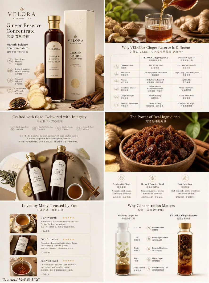 Create an ultra-premium e-commerce detail-page sales poster for a self-invented tea beverage brand, strictly … - AI提示词参考图，来自西西提示词