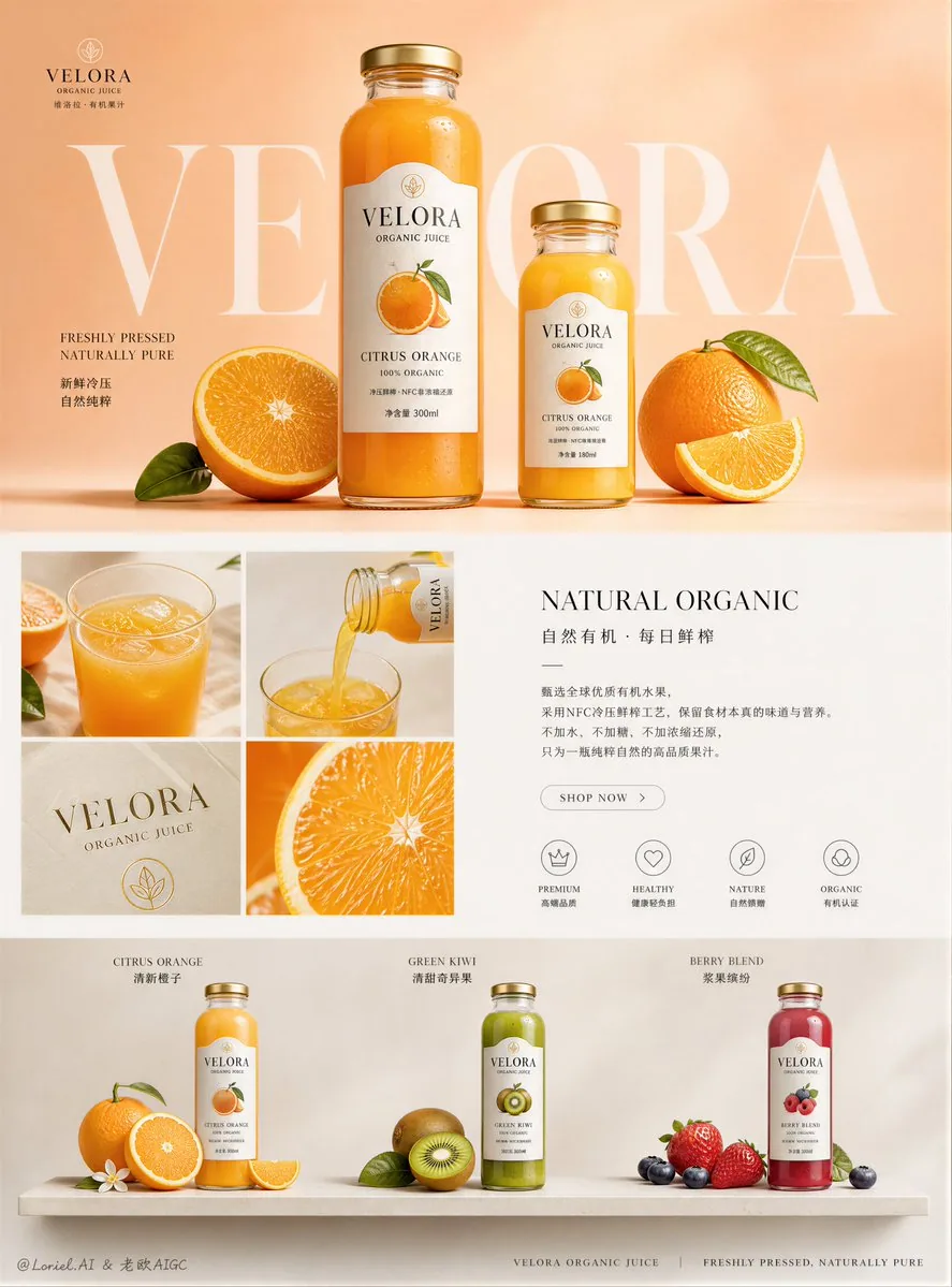 Create an ultra-premium e-commerce detail-page sales poster for a self-invented juice beverage brand, strictl… - AI提示词参考图，来自西西提示词