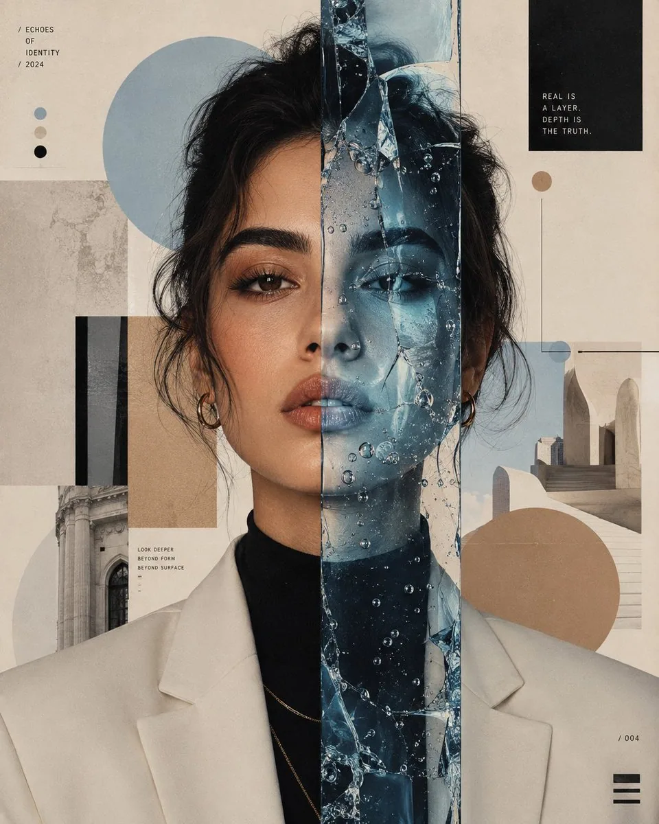 Create a museum-quality surreal editorial portrait of a striking young woman in a perfectly centered, front-f… - AI提示词参考图，来自西西提示词